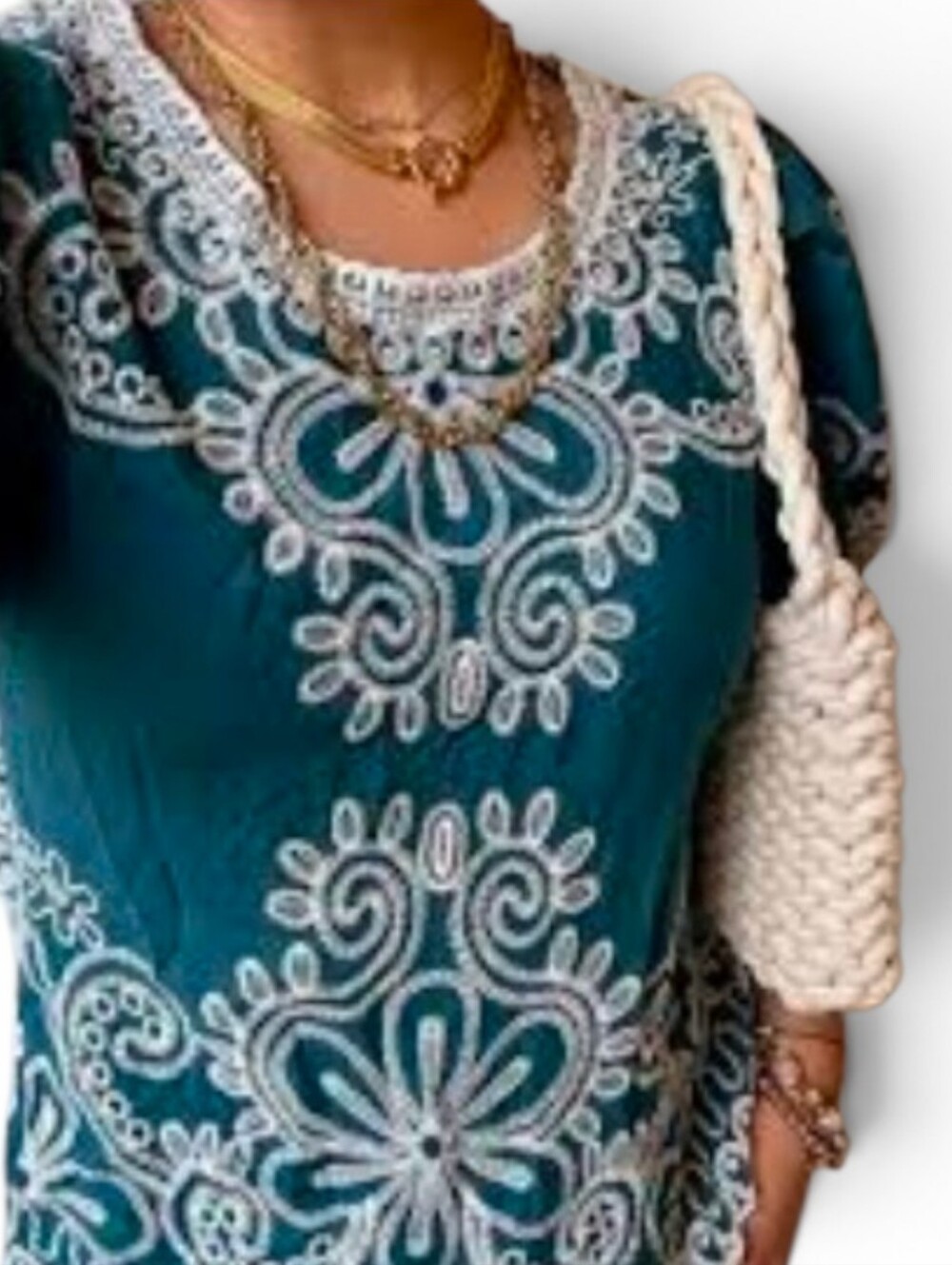 SOLITAIRE Teal White Embroidered Boho Short Sleeve Top - Medium